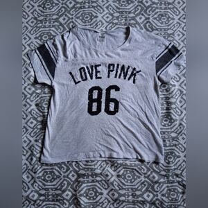 VS PINK Sequin Love Pink 86 Varsity Tee - Heather Gray